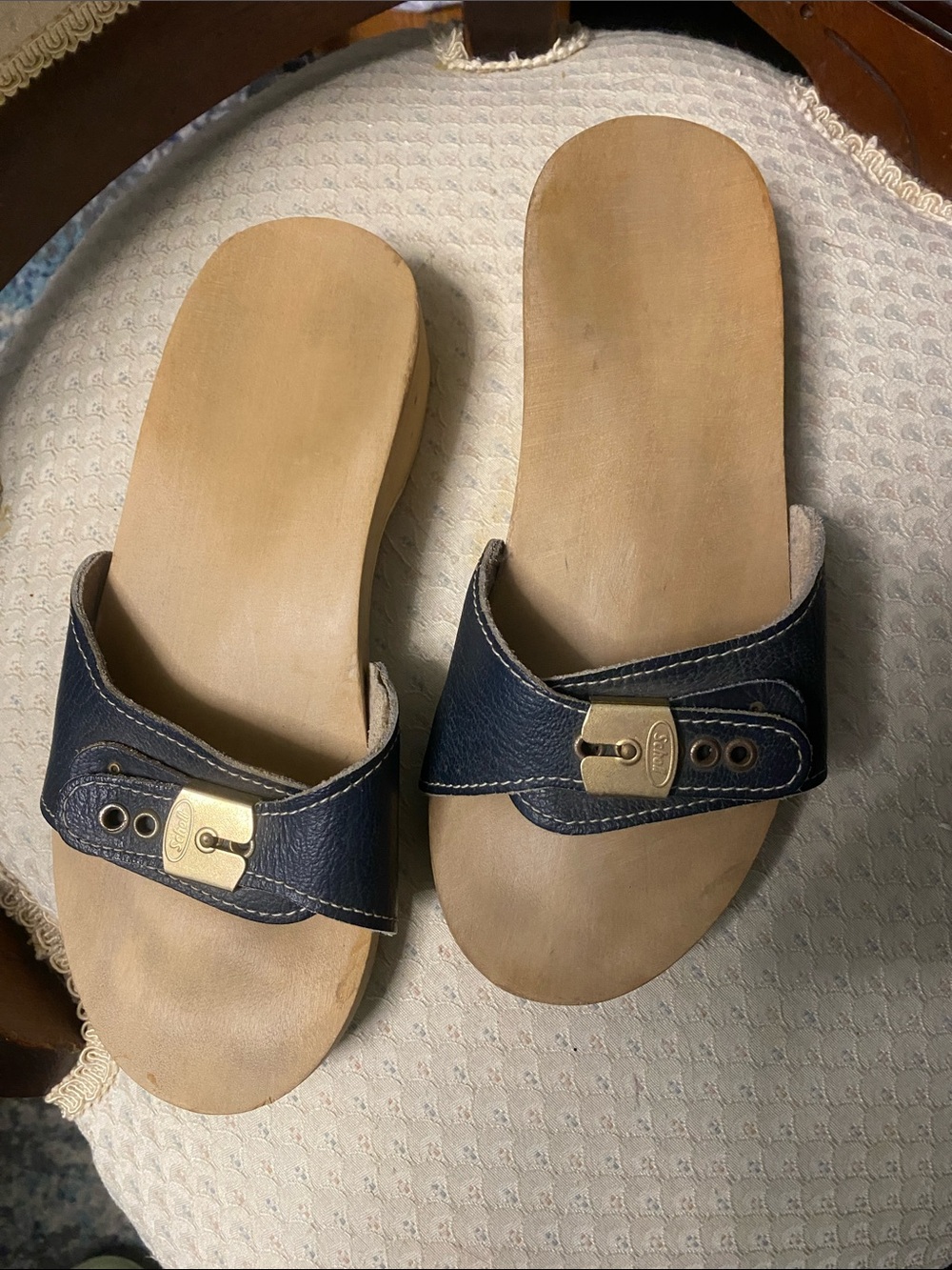 Navy Leather Slide Sandals with Gold Buckle